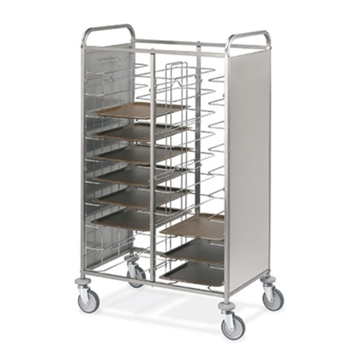 Carrello portavassoi universale con pannelli bianchi laterali. Capacità 20 vassoi  (interasse cm.11h). Struttura in acciaio inox. Guide in filo di acciaio cromato. Ruote piroettanti Ø125mm, 2 con freno. Con paracolpi.