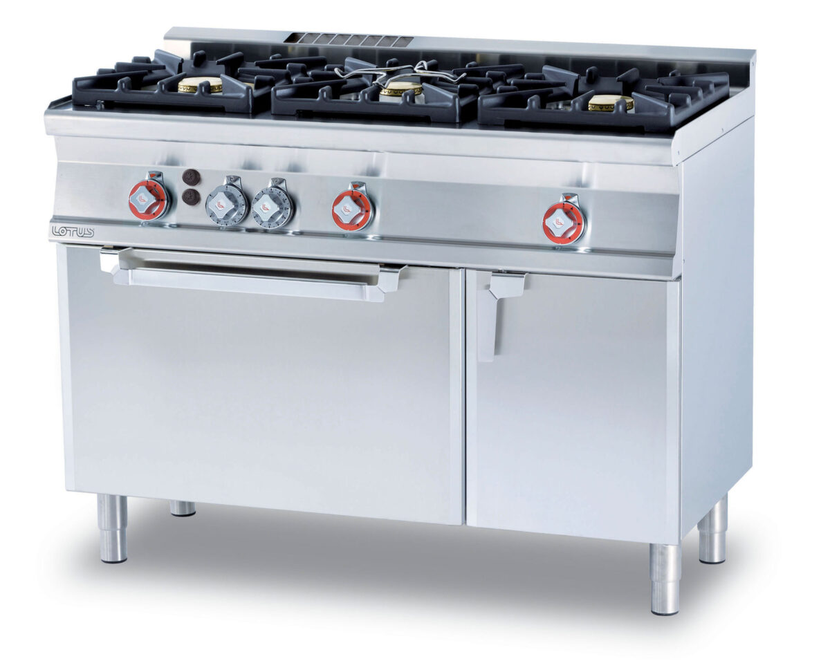 cucina a gas 3 fuochi Forno a gas statico con grill cm. 67x38x34h, temp: 125÷275°C, con 1 griglia cm.65×36, vano neutro con porta.