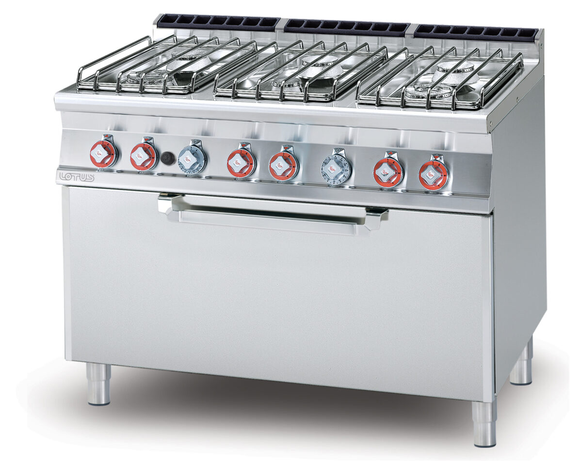 CUCINA 6 fuochi Forno a gas statico cm. 107x55x34h, temp: 150÷300°C, con 1 griglia cm.105×53 (inclusa 1 testata chiusura piano mod.TPA-7)