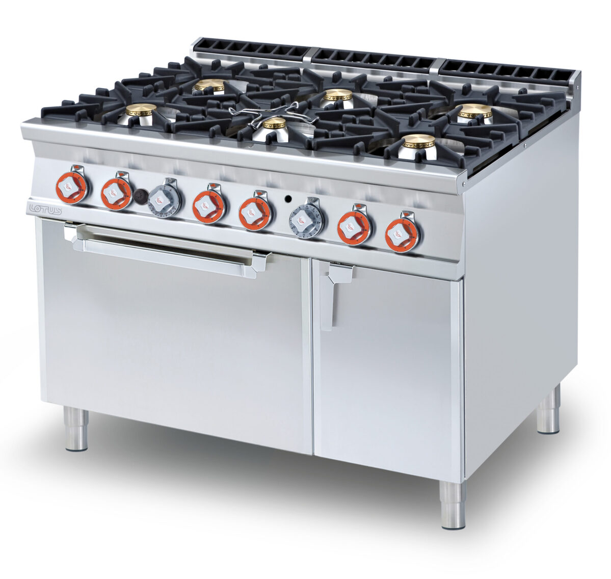 CUCINA 6 fuochi – Forno elettrico statico cm. 67x73x34h, temp: 50÷300°C, con 1 griglia cm.65×71 GN2/1 – Vano neutro con porta (inclusa 1 testata chiusura piano mod.TPC-9)