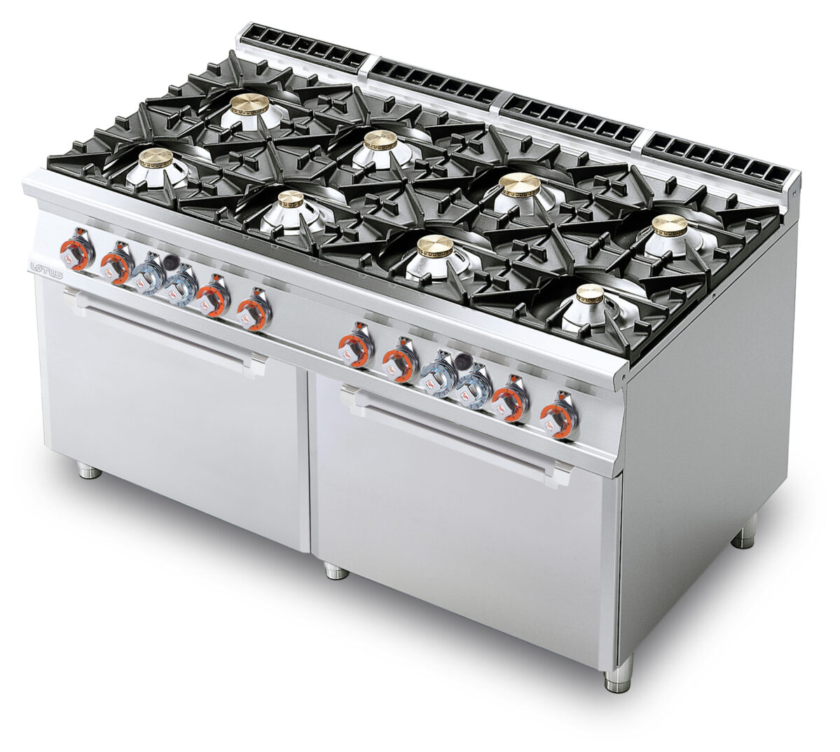 CUCINA 8 fuochi – 2 Forni gas statici cm. 67x73x34h, temp: 150÷300°C, con 2 griglie cm.65×71 GN2/1 (inclusa 1 testata chiusura piano mod.TPC-9)