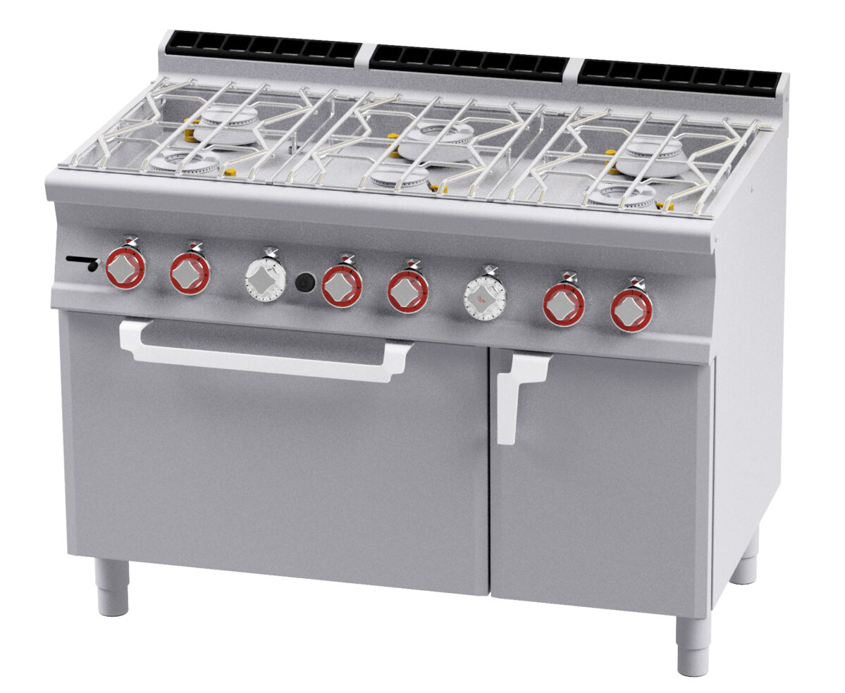 CUCINA ACQUA 6 fuochi – Forno a gas statico cm. 67x73x34h, temp: 150÷300°C, con 1 griglia cm.65×71 GN2/1 – Vano neutro con porta – Rubinetto carico acqua, sfioratore (inclusa 1 testata chiusura piano mod.TPA-9)