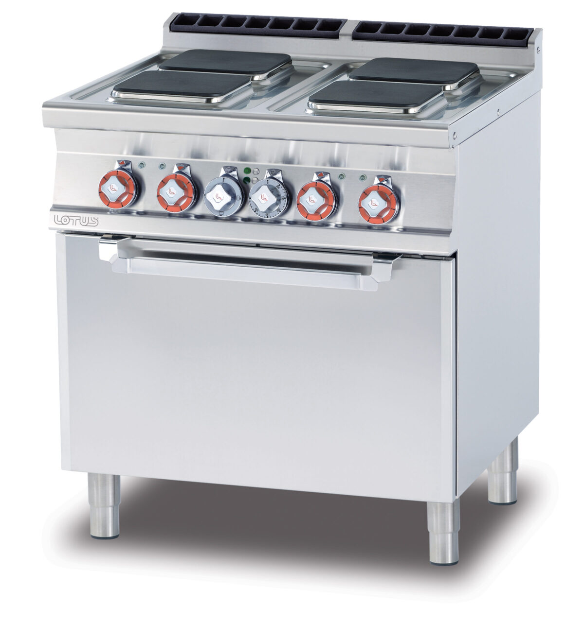 CUCINA 4 piastre quadre – Forno elettrico statico cm. 67x55x34h, temp: 50÷300°C, con 1 griglia cm.65×53 GN2/1 (inclusa 1 testata chiusura piano mod.TPA-7)