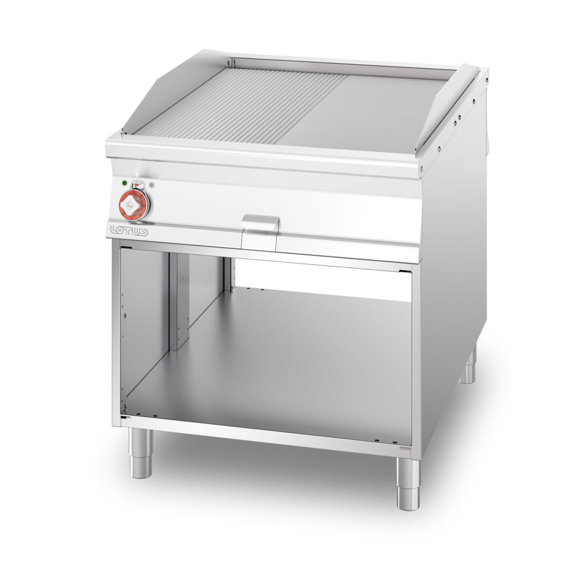 Fry-top elettrico passante  1/2 rigato + 1/2 liscio cromato SUPERCHROME (Moca Approved), su mobile a giorno, piastra cm.76×85 – 2 zone di cottura (inclusa 1 testata chiusura piano mod.TPA-11)