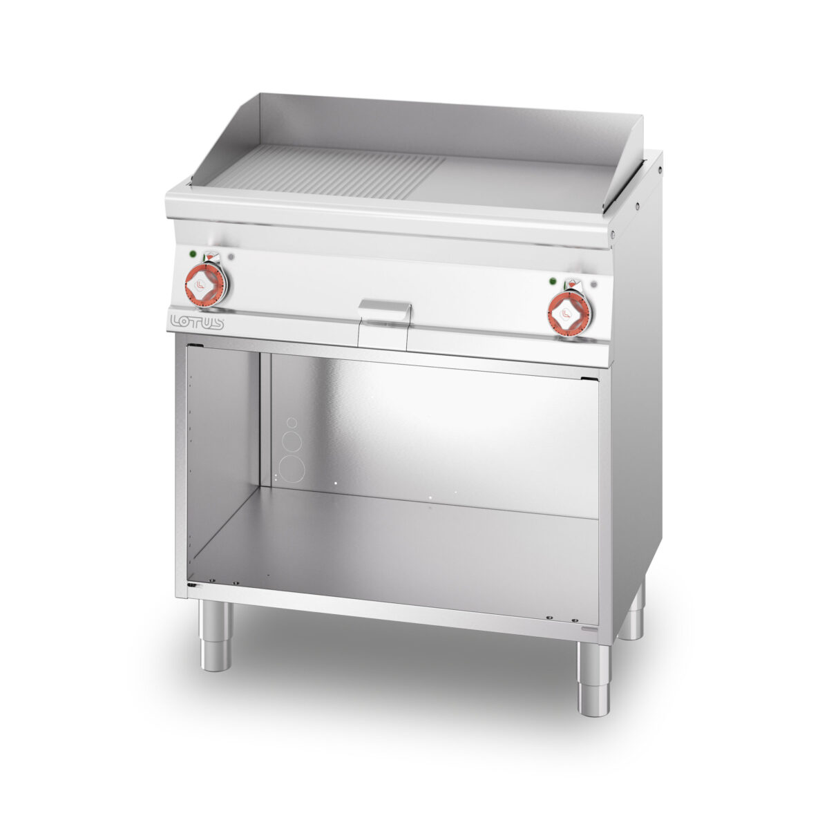 Fry-top elettrico 1/2 rigato + 1/2 liscio cromato SUPERCHROME (Moca Approved), su mobile a giorno, piastra cm.76×34 – 2 zone di cottura (inclusa 1 testata chiusura piano mod.TPA-55)