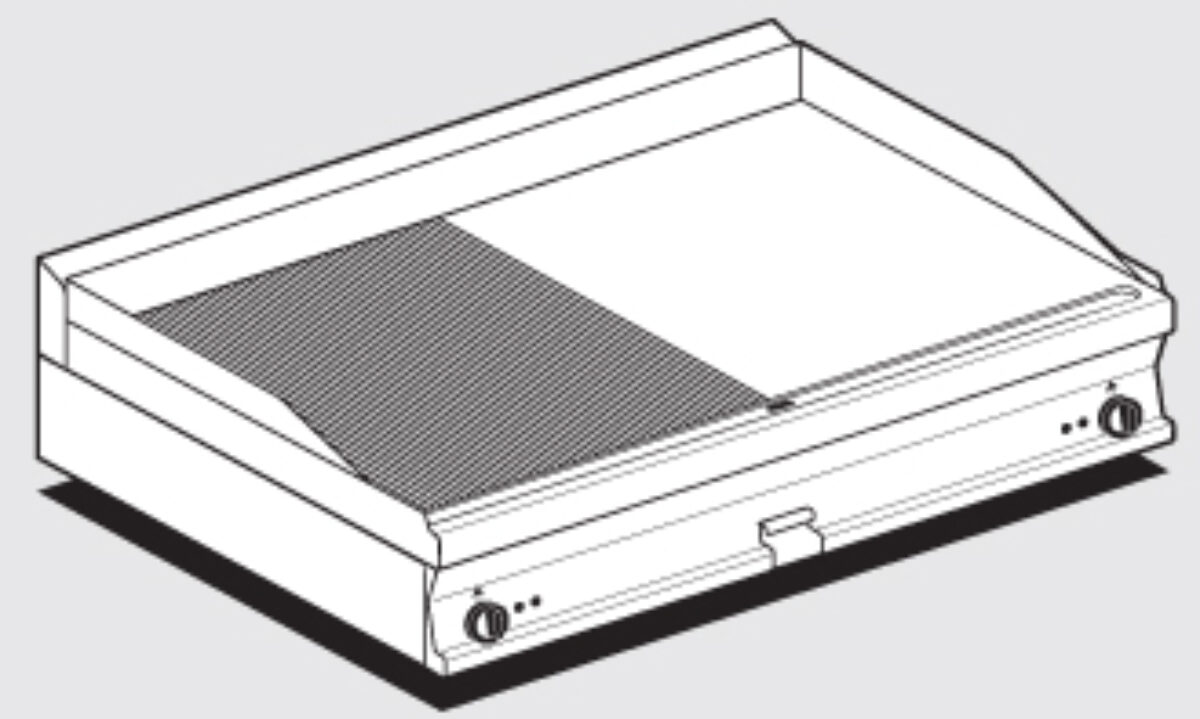 Fry-top elettrico 1/2 rigato + 1/2 liscio, piastra cm.116×51 – 2 zone di cottura (inclusa 1 testata chiusura piano mod.TPA-7)