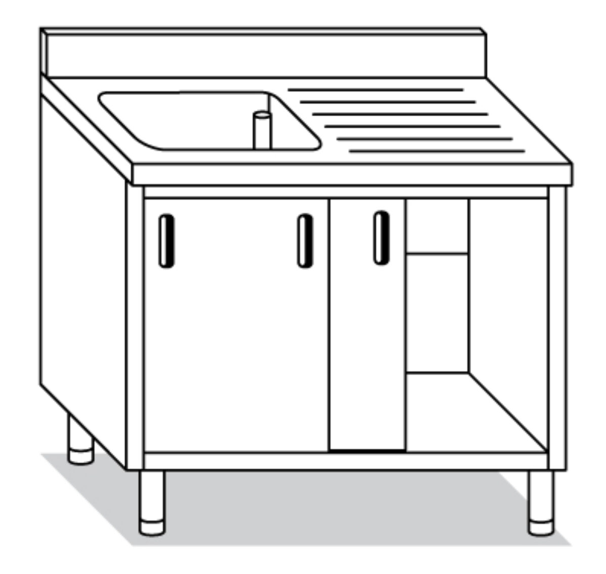 LAVELLO ARMADIATO con porte scorrevoli, vasca cm.50x40x25h, gocciolatoio destro e alzatina