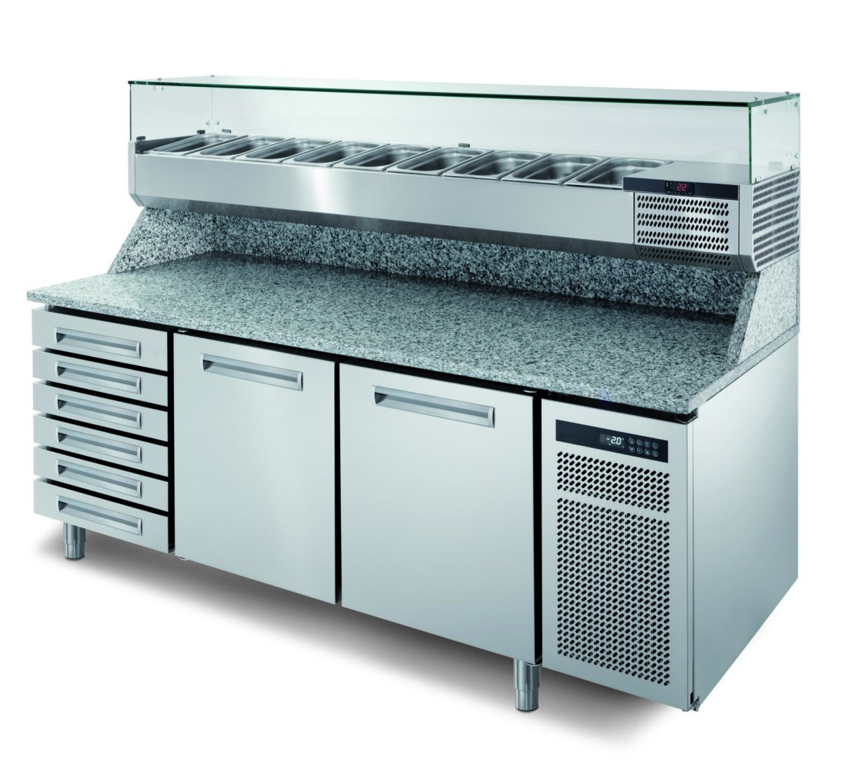 TAVOLO PIZZA refrigerato ventilato 2 porte -2/+7°C, 2 griglie plastificate EN40X60. Cassettiera neutra per vaschette cm.40x60x7. Controller elettronico con display digitale. Funzioni di
overcooling e controllo umidità standard, Sbrinamento a sosta ed evap