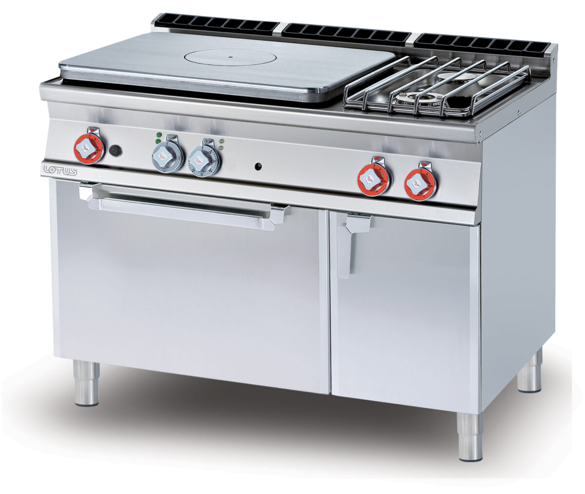 TUTTA PIASTRA + 2 FUOCHI SU Forno elettrico statico cm. 67x55x34h, temp: 50÷300°C , con 1 griglia cm.65×53 GN2/1 – Piastra cm 77×57 – vano neutro con porta (inclusa 1 testata chiusura piano mod.TPA-7)