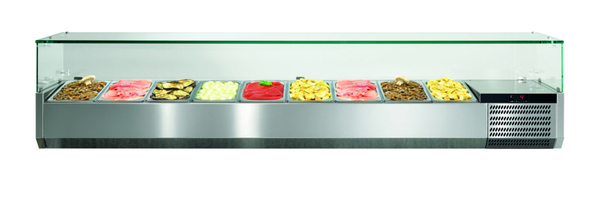 VETRINA refrigerata statica +2/+7°C portaingredienti per pizza, capacità 9xGN1/3. Con sovrastruttura in vetro. R290